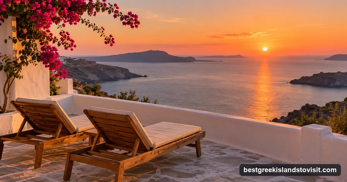 Two empty sun loungers on a whitewashed terrace overlooking a calm sea at sunset