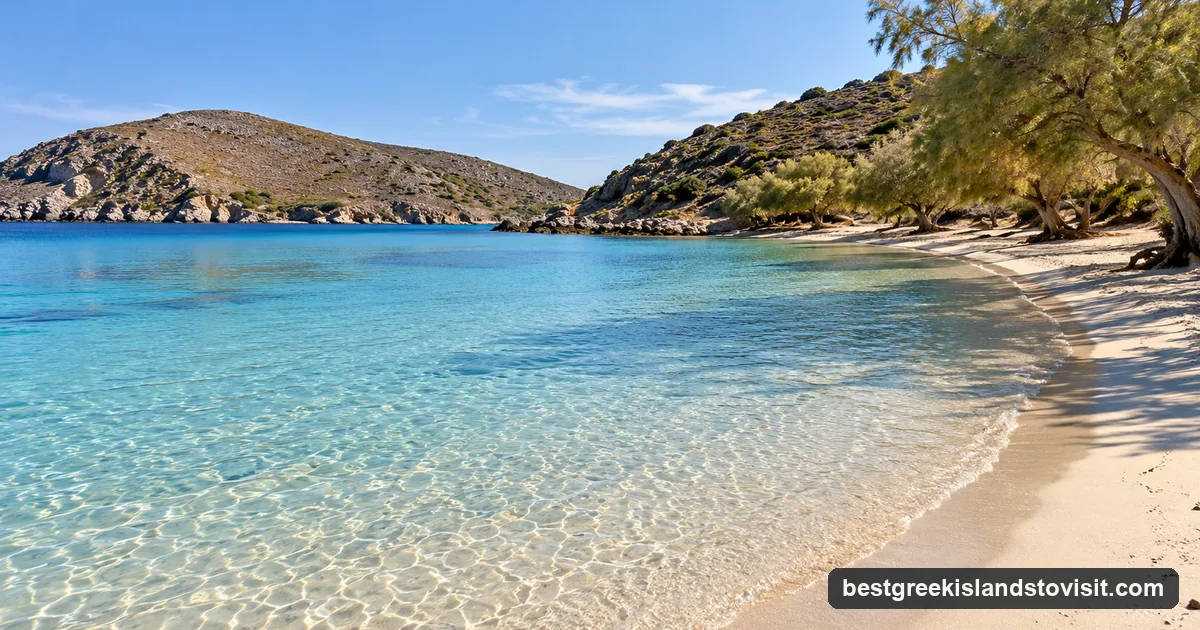 A calm, sheltered sandy bay with very shallow clear water and tamarisk trees along the back of the beach