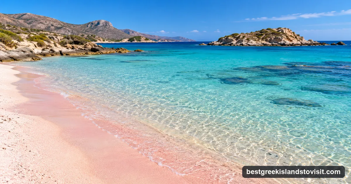 A wide beach of pale pink-tinged sand and shallow turquoise water stretching to a low rocky islet