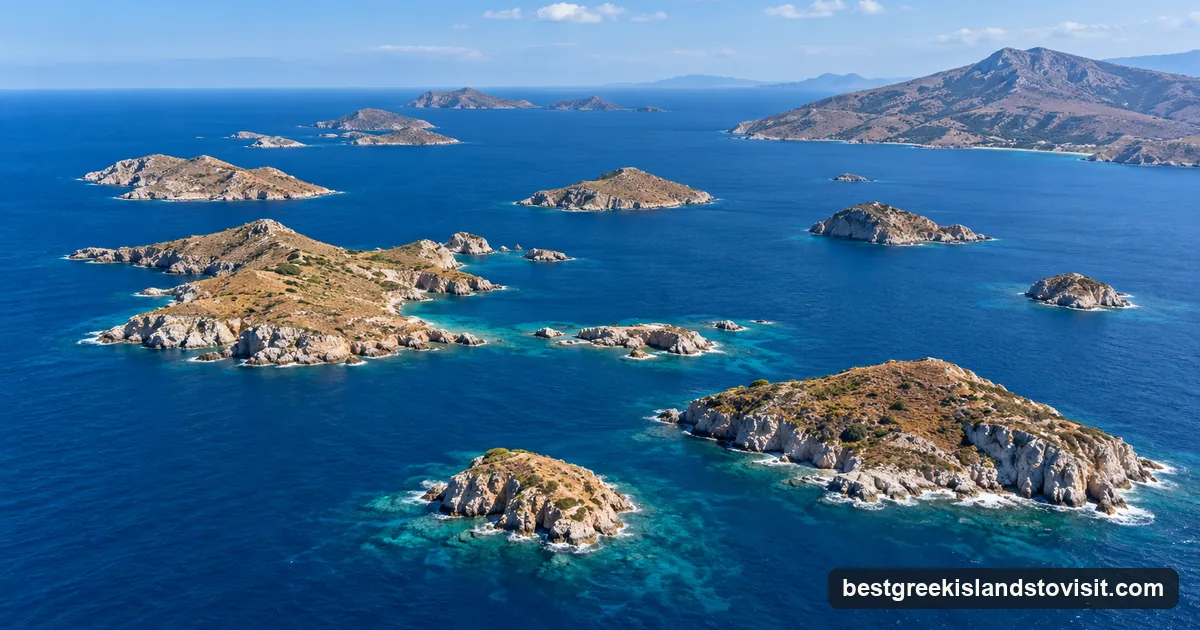 Aerial view of a scattered archipelago of small rocky islands and islets in a deep blue sea