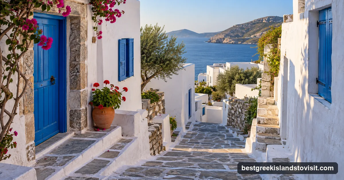 An empty whitewashed village lane with blue doors and a glimpse of the sea at the end
