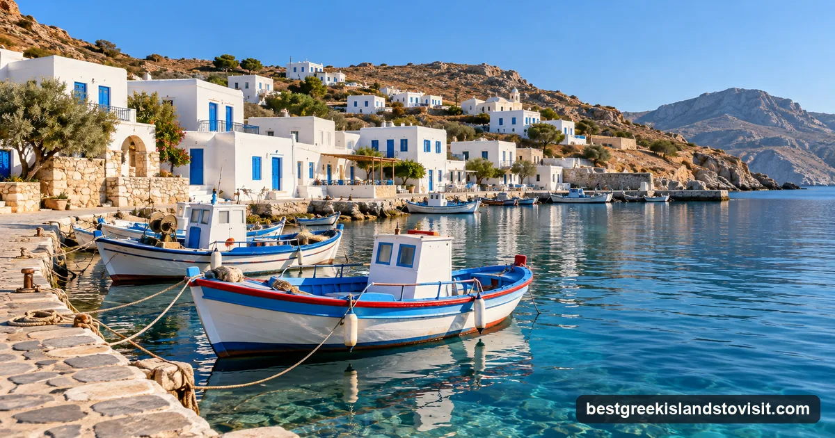 Wooden fishing boats moored at a stone quay in front of whitewashed houses in a small Greek island harbor