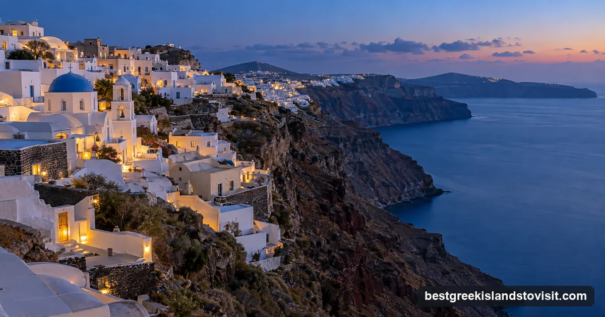 Whitewashed houses and a blue-domed chapel along the top of a volcanic cliff above a deep blue bay at dusk
